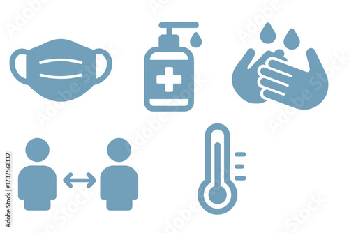 Essential health and safety icons for hygiene, social distancing, and temperature monitoring