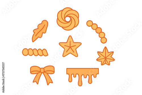 Collection of decorative orange shapes including stars, leaves, and abstract elements
