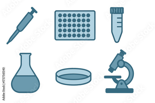 Collection of essential laboratory research equipment and scientific tools for experiments