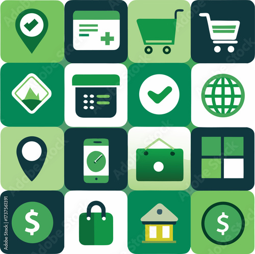 Collection of green digital icons representing finance technology navigation shopping and business concepts for web and app design