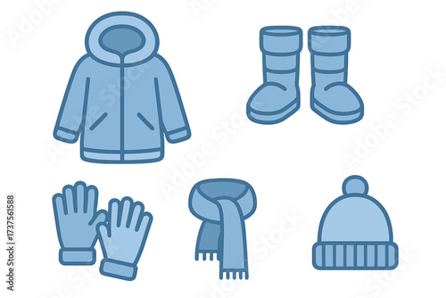 Essential cold weather clothing items for winter season including jacket, boots, gloves, scarf, and hat