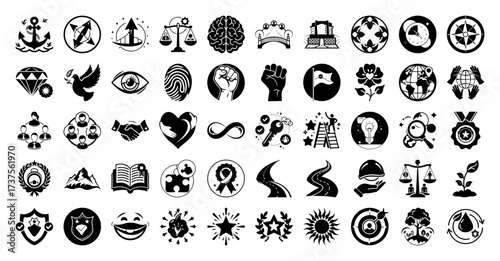 Vector art of a collection of diverse black and white icons representing various concepts such as business, finance, health, education, and social issues, isolated on a