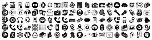 Vector art of collection of 100 diverse black and white icons representing technology, communication, business, and daily life, isolated on a