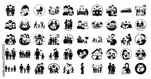 Vector art of collection of diverse family and relationship icons, including parents, children, babies, pets, and homes, representing different family structures and life stages