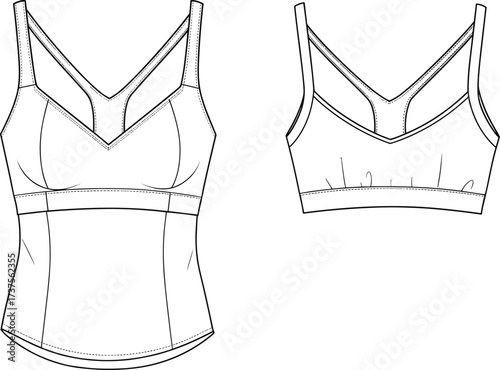 Sports bra and athletic top technical sketch, front view, V-neck design, fashion flat, CAD drawing, vector illustration, garment construction template