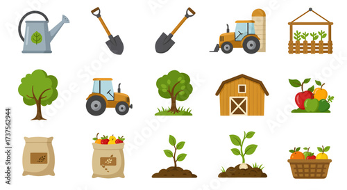 Agricultural Icons - Farming Tools, Produce, and Equipment for Sustainable Agriculture.