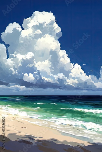 Vivid ocean shore with bright clouds and sunlight painting