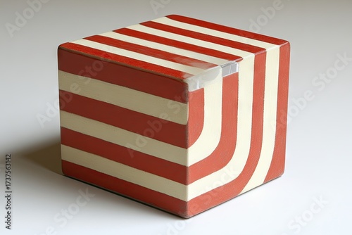 Red/white striped cube with curved lines on white surface