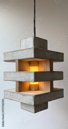 Geometric hanging lamp with layered concrete and wood elements