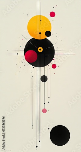 Abstract geometric art circles, lines, black, red, yellow