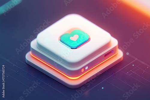 Stacked squares, heart-shaped button, glowing, tech