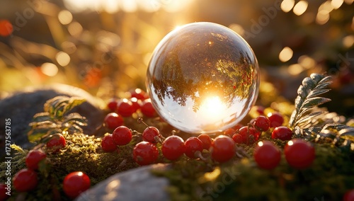 Crystal sphere on moss, berries, reflecting sunset light