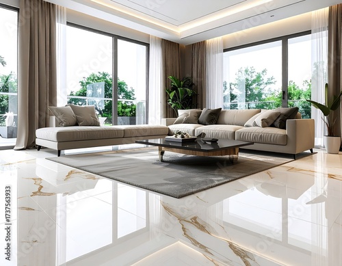 Sunny room with couch and large windows