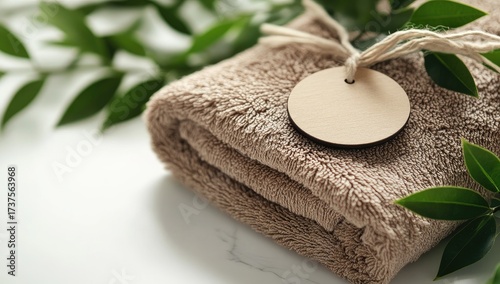 Folded towel with tag & greenery on white surface
