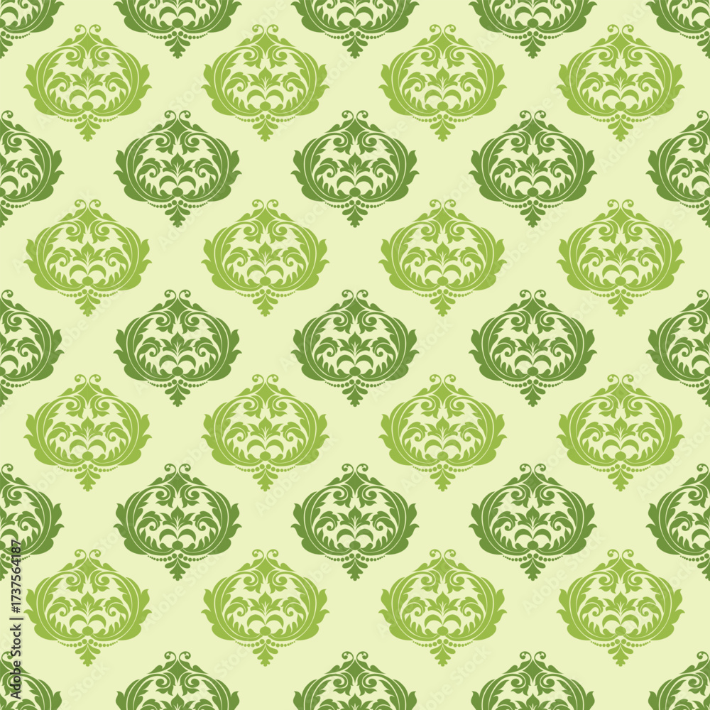 Fototapeta premium Ornate vintage floral design in shades of green on a pale background, repeating symmetrically.