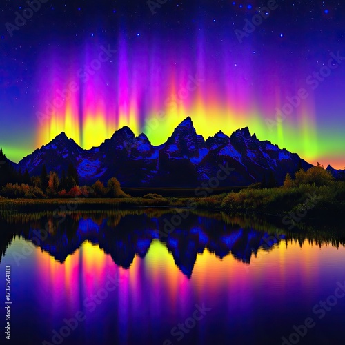 Aurora borealis reflecting on lake, mountains in silhouette