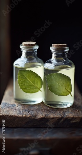 Two bottles of herbal oil with green leaves inside