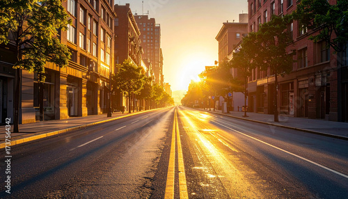 Wide-Angle Shot of Empty City Street Early Morning, Soft Golden Light
