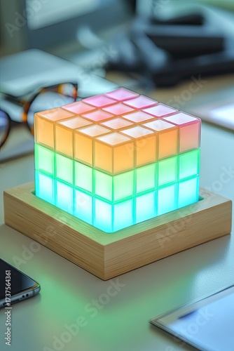 Rainbow cube lamp on a wooden stand, soft focus