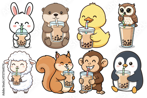 Kawaii Boba Tea Animals Bundle Cute Rabbit Otter Monkey Sheep