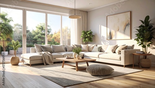 Bright living room, large tan sofa