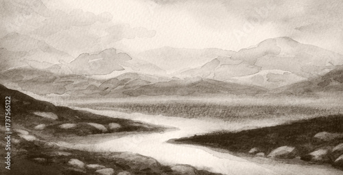 Watercolor painting. Stream among mountains