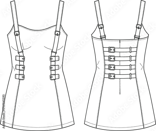 Women's corset-style fashion flat sketch, buckle strap detail, fitted silhouette, technical garment design, cad drawing flat vector illustration