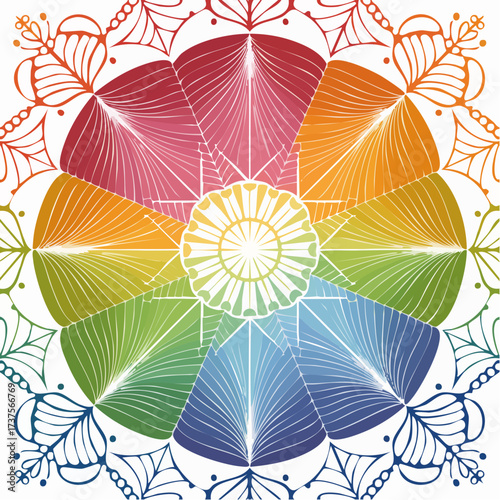 A vibrant rainbow-colored mandala with intricate geometric patterns and floral motifs, radiating outwards from a central sun-like design.