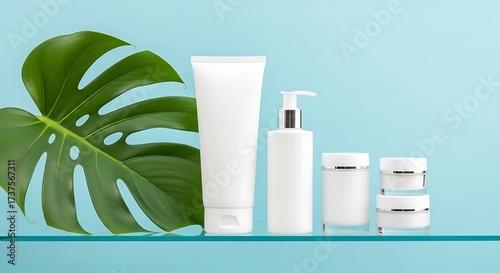 Wallpaper Mural White cosmetic bottles and jars with green leaf on blue background Torontodigital.ca