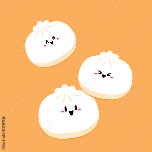 Cute Dim sum character, traditional Chinese dumplings, with funny smiling faces. Kawaii Asian food vector.