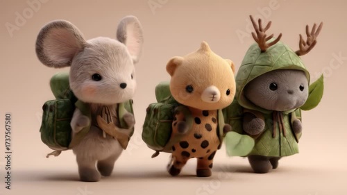 Three adorable plush creatures, a mouse, bear, and a cat-like animal, wear backpacks and jackets. The cat-like creature has antlers