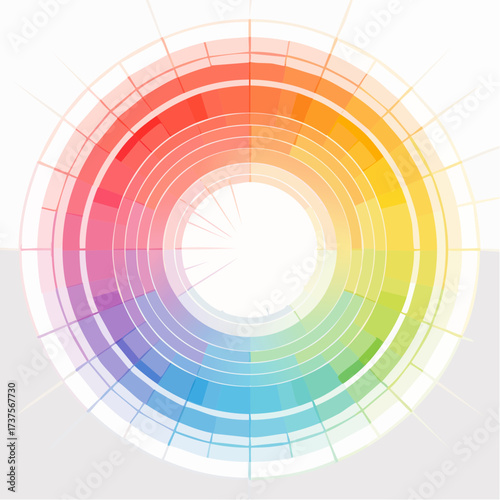 Abstract colorful circular design with a spectrum of hues and geometric patterns, resembling a modern color wheel or digital interface.