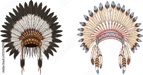 Native American tribal feather headdress illustration, ethnic ceremonial war bonnet, detailed traditional headgear, cultural decorative vector art, boho style design