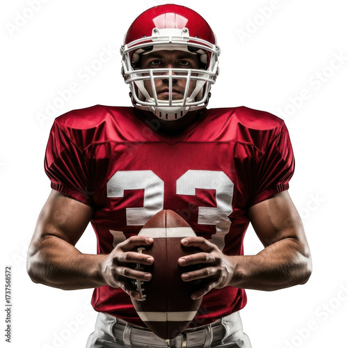 American football player in red jersey holding ball, professional athlete in helmet and pads, muscular sportsman on white background