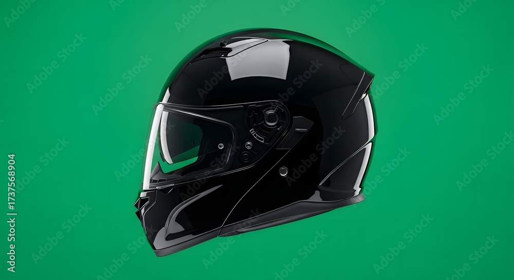 Fototapeta premium Glossy black motorcycle helmet with clear visor on a solid green background, studio shot