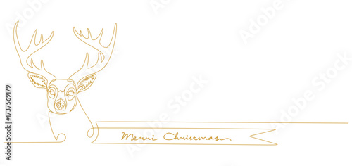A minimalist one-line drawing of a reindeer head with large antlers, combined with a banner text that says "Merry Christmas". The artwork is created in a continuous golden line style, giving it a mode