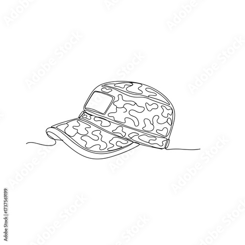 Camouflage military cap in minimalist one-line drawing style