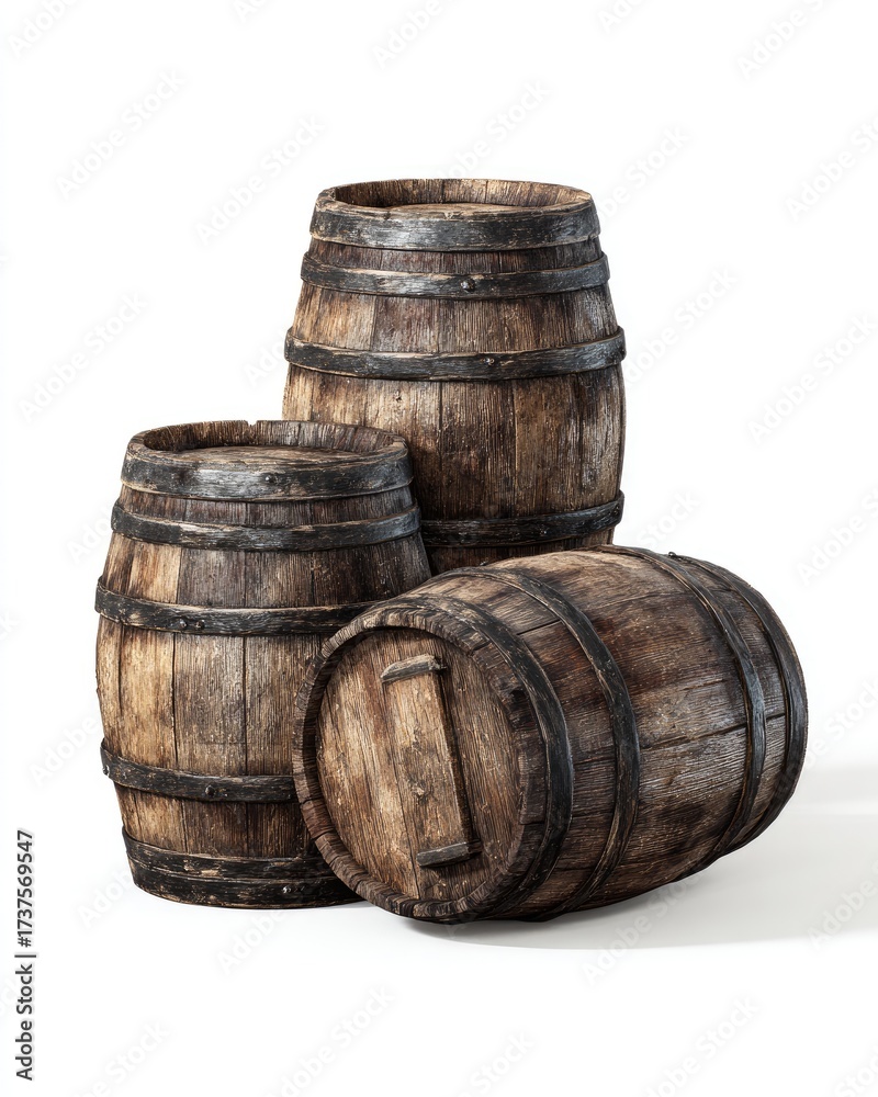 Fototapeta premium Three aged wooden barrels, varying sizes, rest on a white background; showing weathered texture and metal bands
