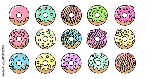 Cute Cartoon Donut with Different Toppings and Colors Sweet Dessert Illustration