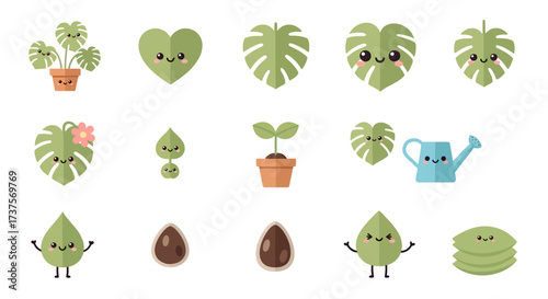 Cute Flat Style Cartoon Houseplant and Seed Illustration Icon Set