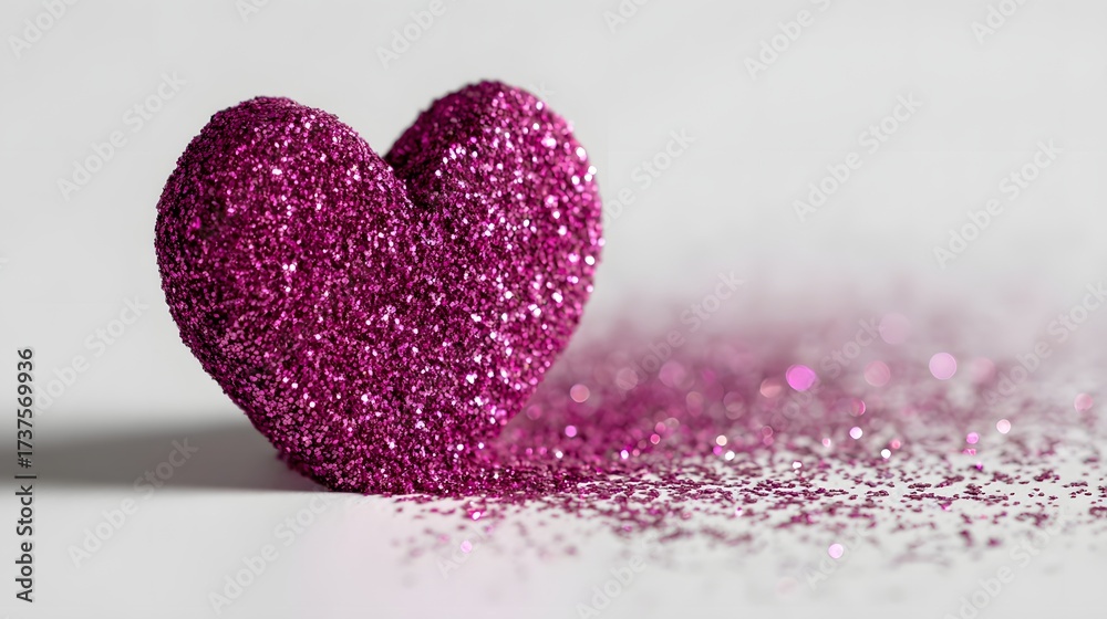 Fototapeta premium A glittering, heart-shaped object is placed on a light, bright background, showcasing a delicate, sparkly texture; the vibrant magenta color creates an eye-catching visual.