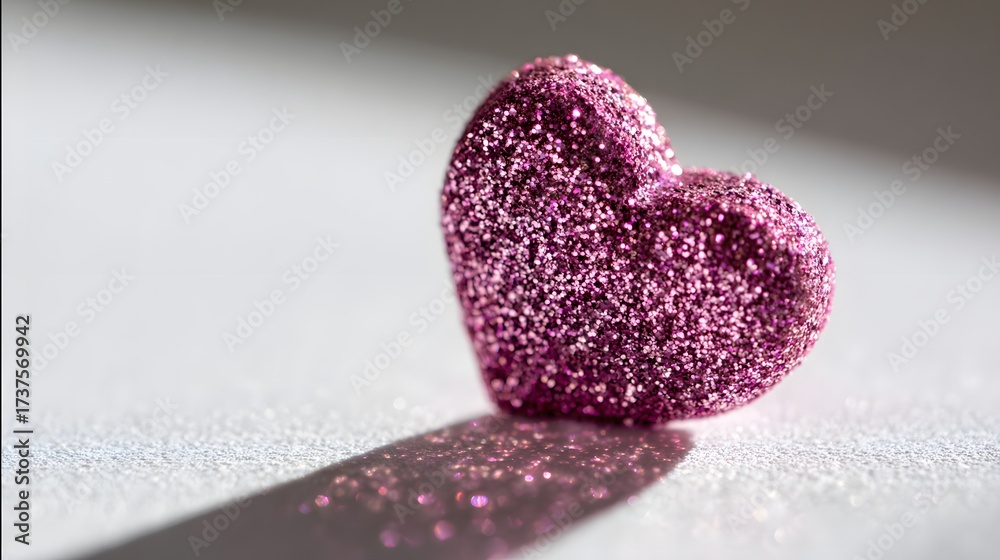 Obraz premium A sparkling, glitter-covered heart rests on a reflective, textured surface, casting a detailed shadow, with the soft light illuminating the romantic symbol, highlighting the radiant, glossy finish 