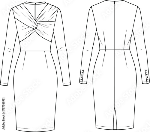 Women's dress fashion flat sketch, twisted bust detail, long sleeves, fitted silhouette, technical garment design, cad drawing flat vector illustration