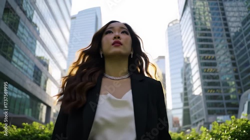 Young asian woman in blazer, looking up pensively in golden hour urban video with skyscrapers, foliage, bokeh. Aspirational future concept