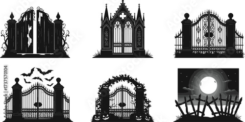 Spooky haunted cemetery gates with gothic design, bats, pumpkins, and moonlight night scene perfect for Halloween vector illustration artwork