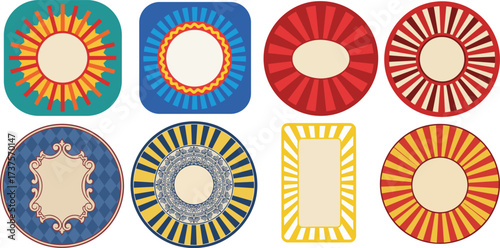 Collection of colorful vintage circular and rectangular graphic design elements for various purposes vektor set