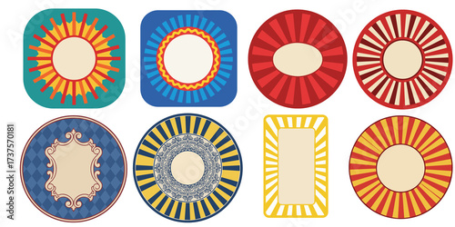 Collection of decorative circular and rectangular frames with sunburst and floral patterns, ideal for graphic design and branding projects vektor set
