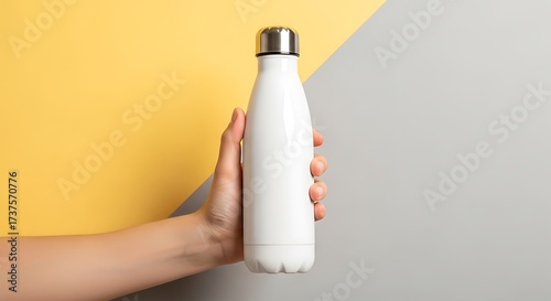 Hand holding a white reusable water bottle against a yellow and grey background