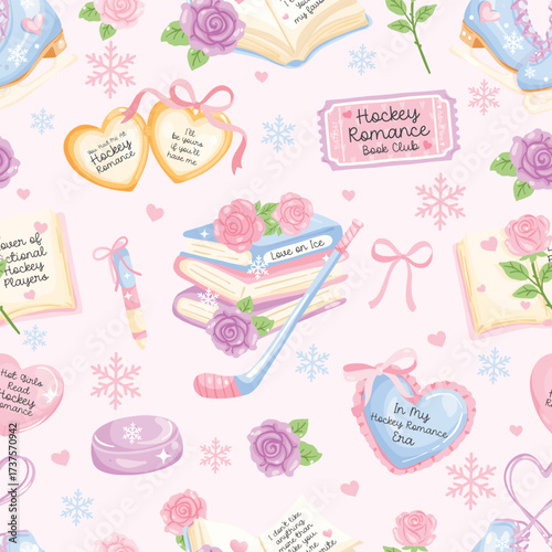 Hockey Romance Seamless Pattern Pastel Bookish Ice Hockey Skates Roses Snowflakes