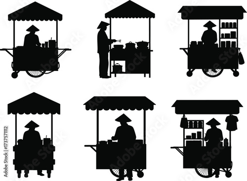 Street food cart vendor silhouette set, Asian hawker stall illustration, traditional market seller, mobile food stand, street restaurant kiosk vector design